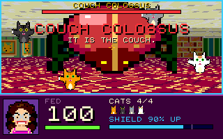 Cockroaches Cathisteria gameplay showing a colorful raycast arena and cat defense squad