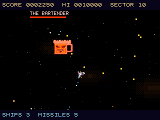 Space Belt Madness gameplay featuring a starfighter battling the Bartender boss